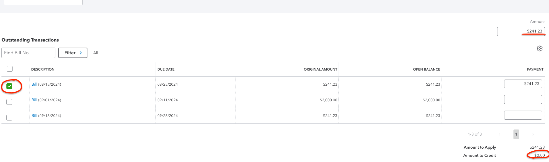 Entering bill pay amount and selecting correct bill