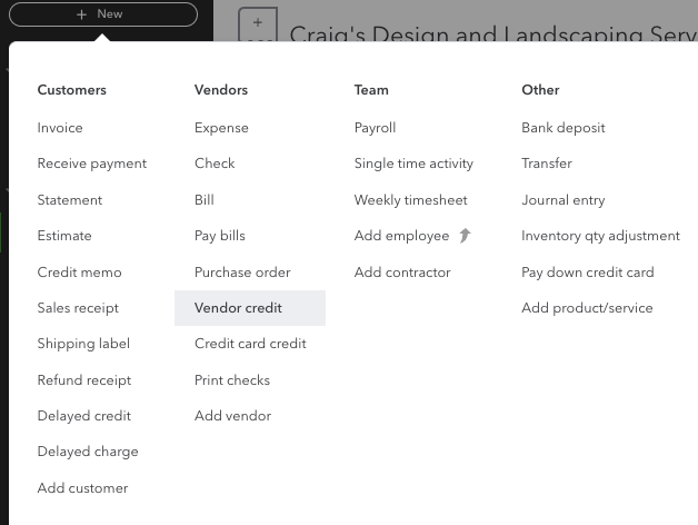 Selecting a vendor credit