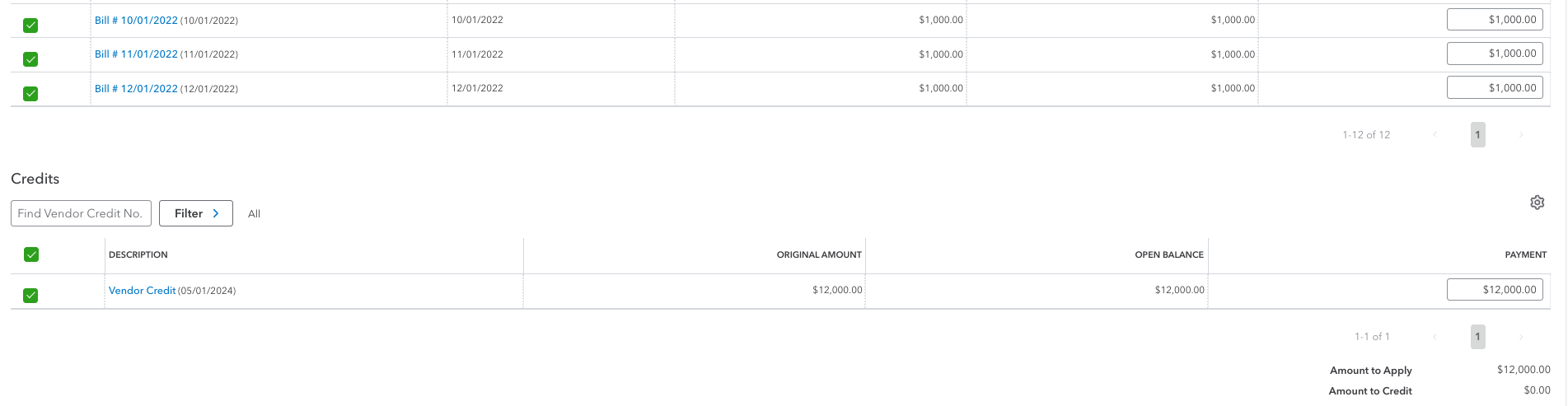 Selecting vendor credit